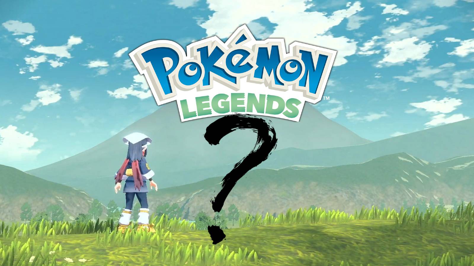 Female playable character standing before Mt Sinnoh in Legends: Arceus