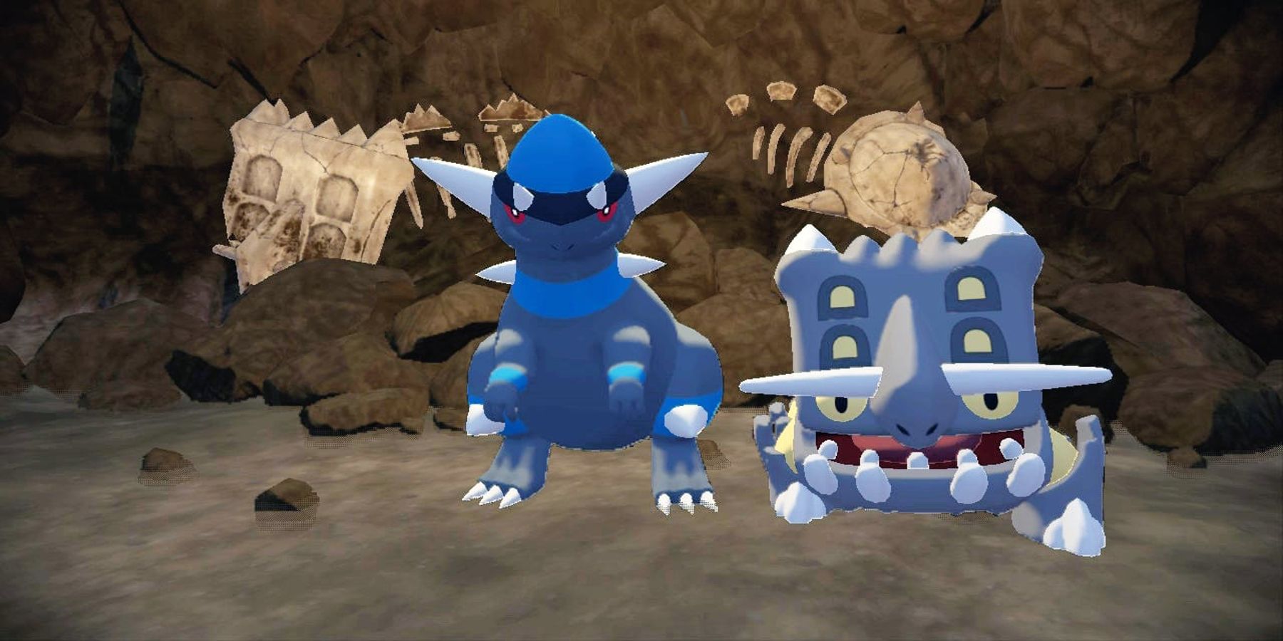 Рампардос и Бастиодон стоят перед своими окаменелостями в Pokemon Legends: Arceus