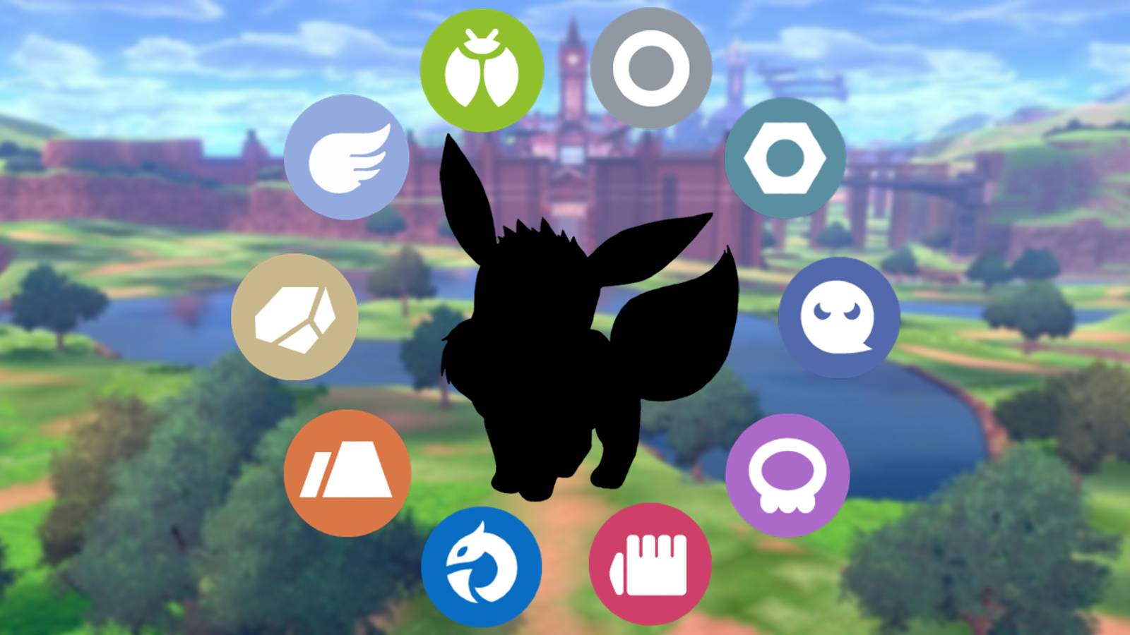 Eevee surrounded by all the types it cannot currently evolve into overlaid on a Sword and Shield background