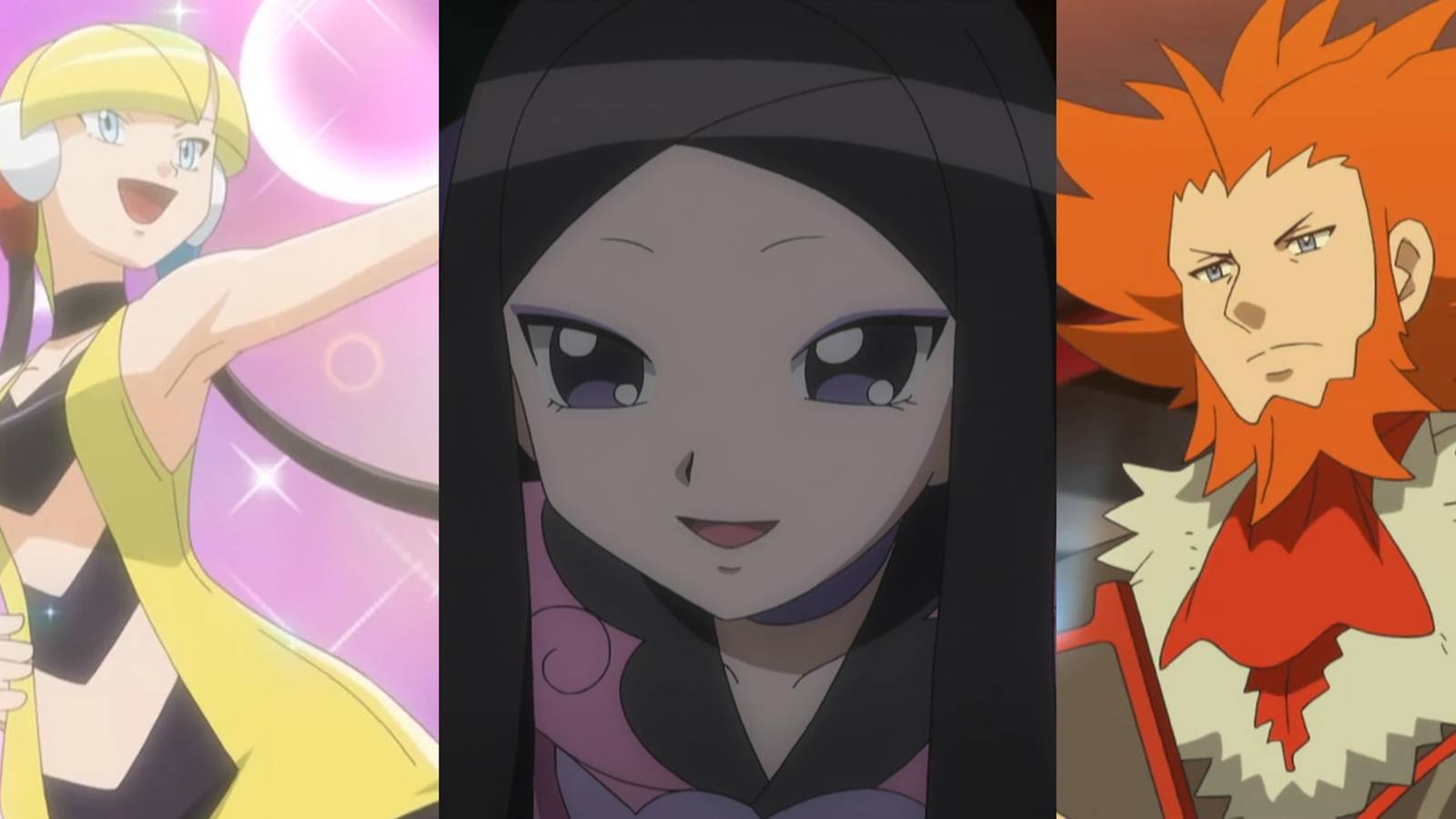 Elesa surrounded by hearts in the Pokemon anime; A close-up of Valerie in the anime; Lysandre in the anime