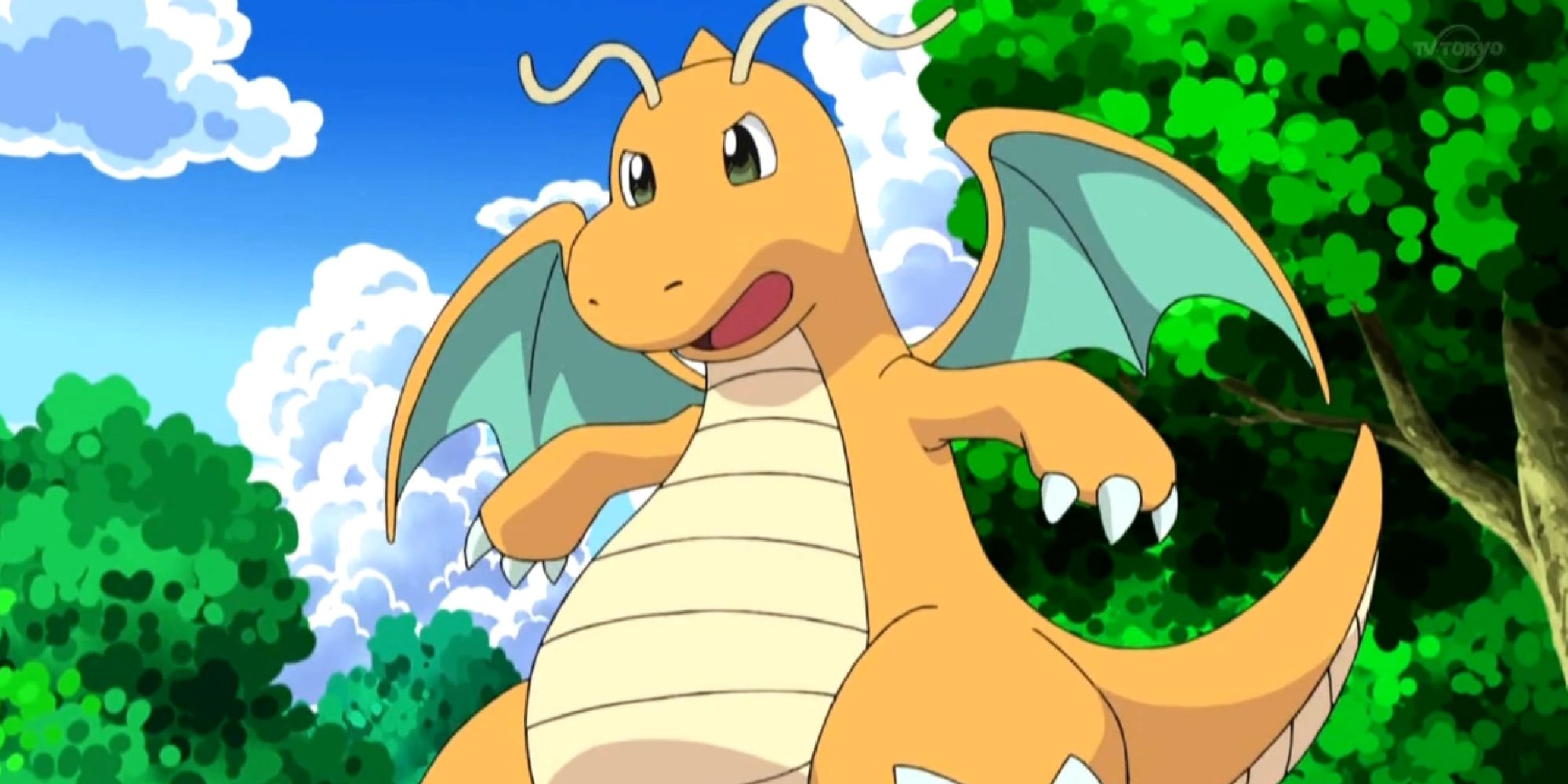 Dragonite in a forest in the anime