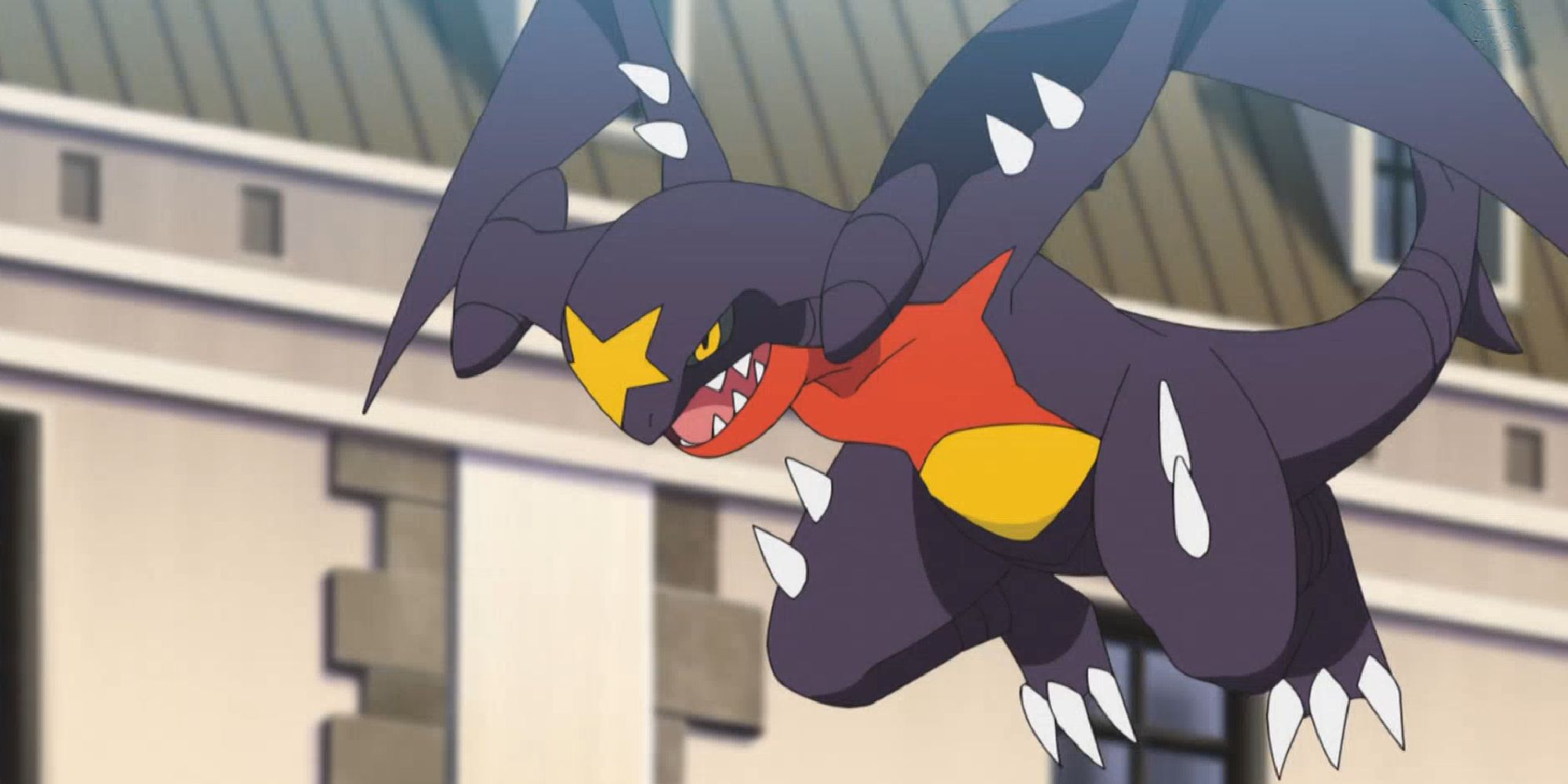Garchomp flying through a city in the anime