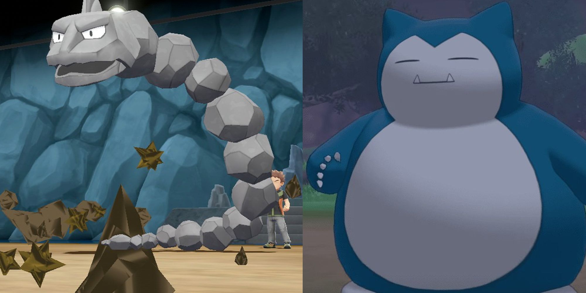 An Onix surrounded by Stealth Rocks in BDSP; A wild Snorlax in Sword & Shield