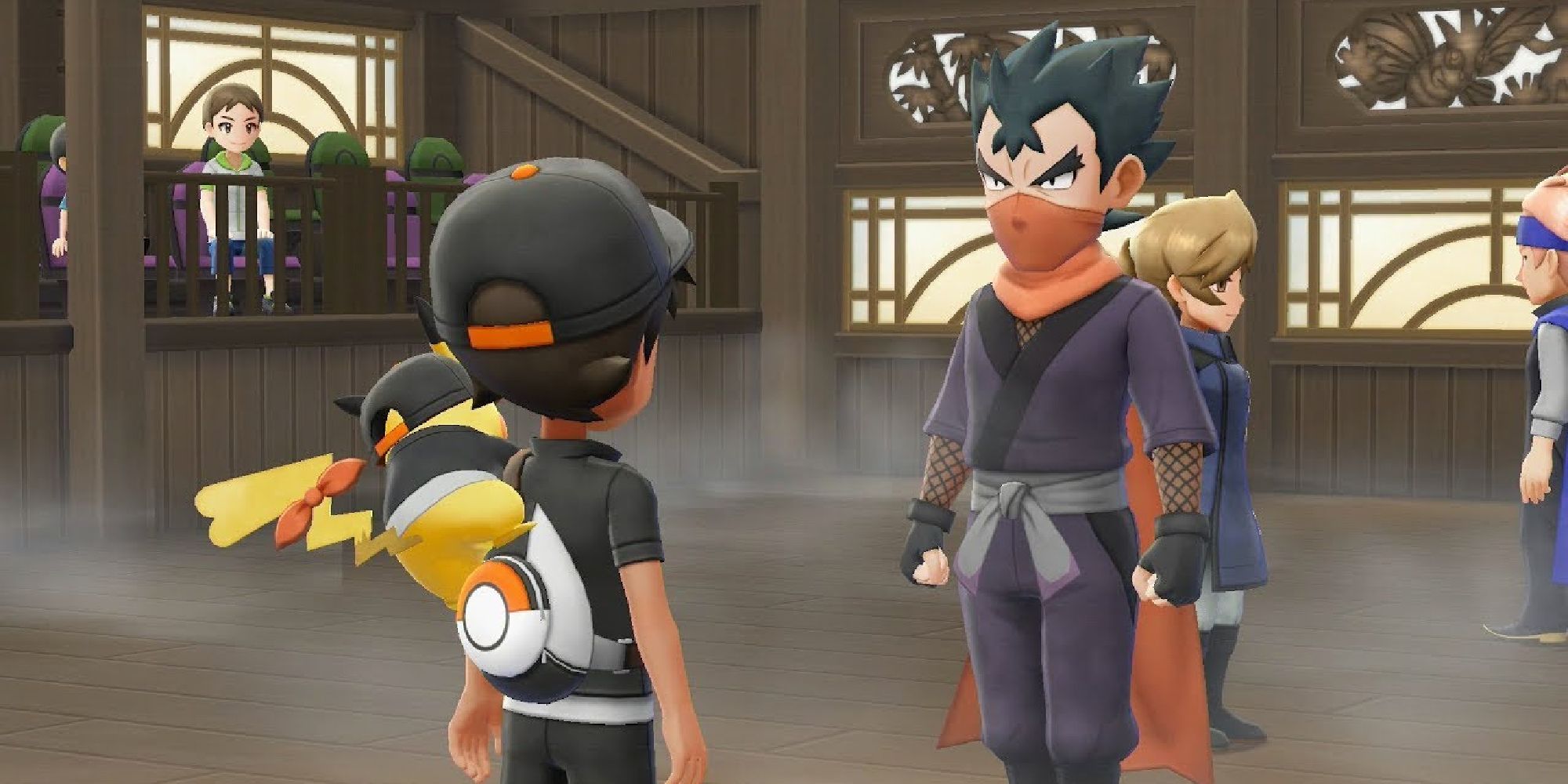 A player confronting Koga in the Fuchsia City Gym in Pokemon Let's Go
