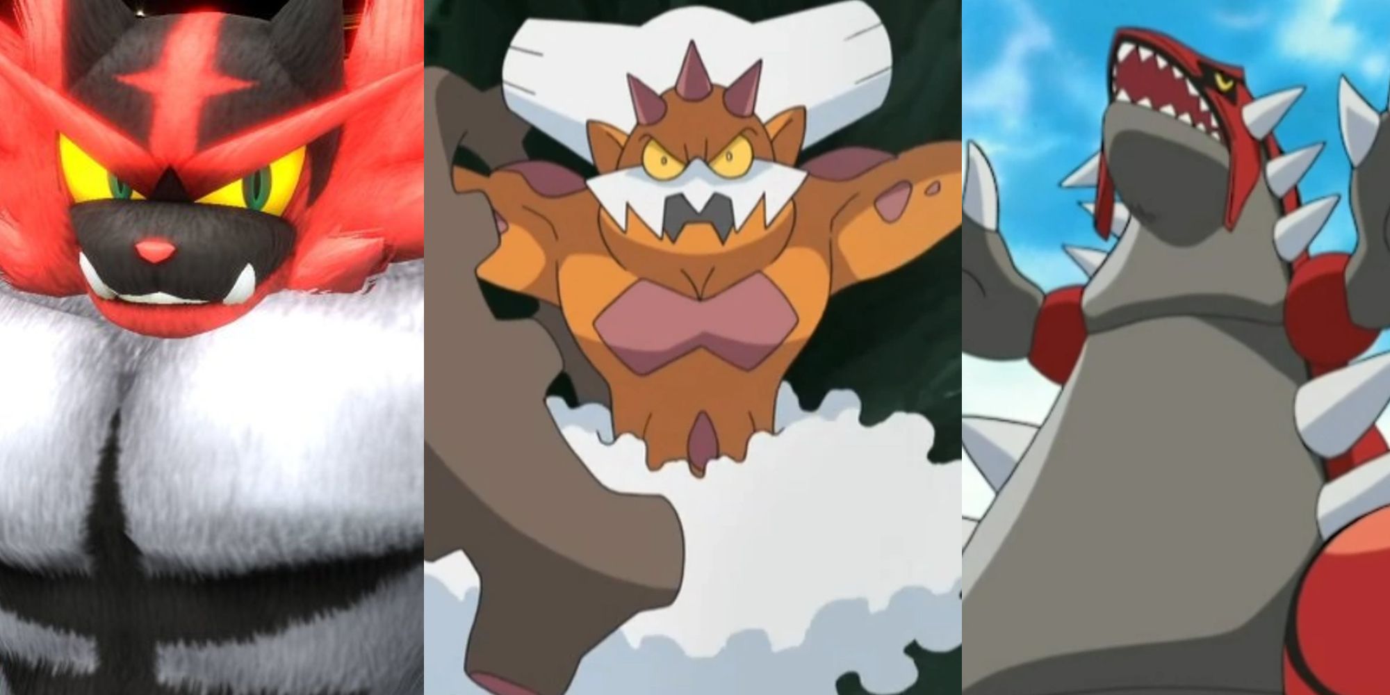 Incineroar in Super Smash Bros Ultimate; Landorus in his base form in the anime; Groudon in the anime