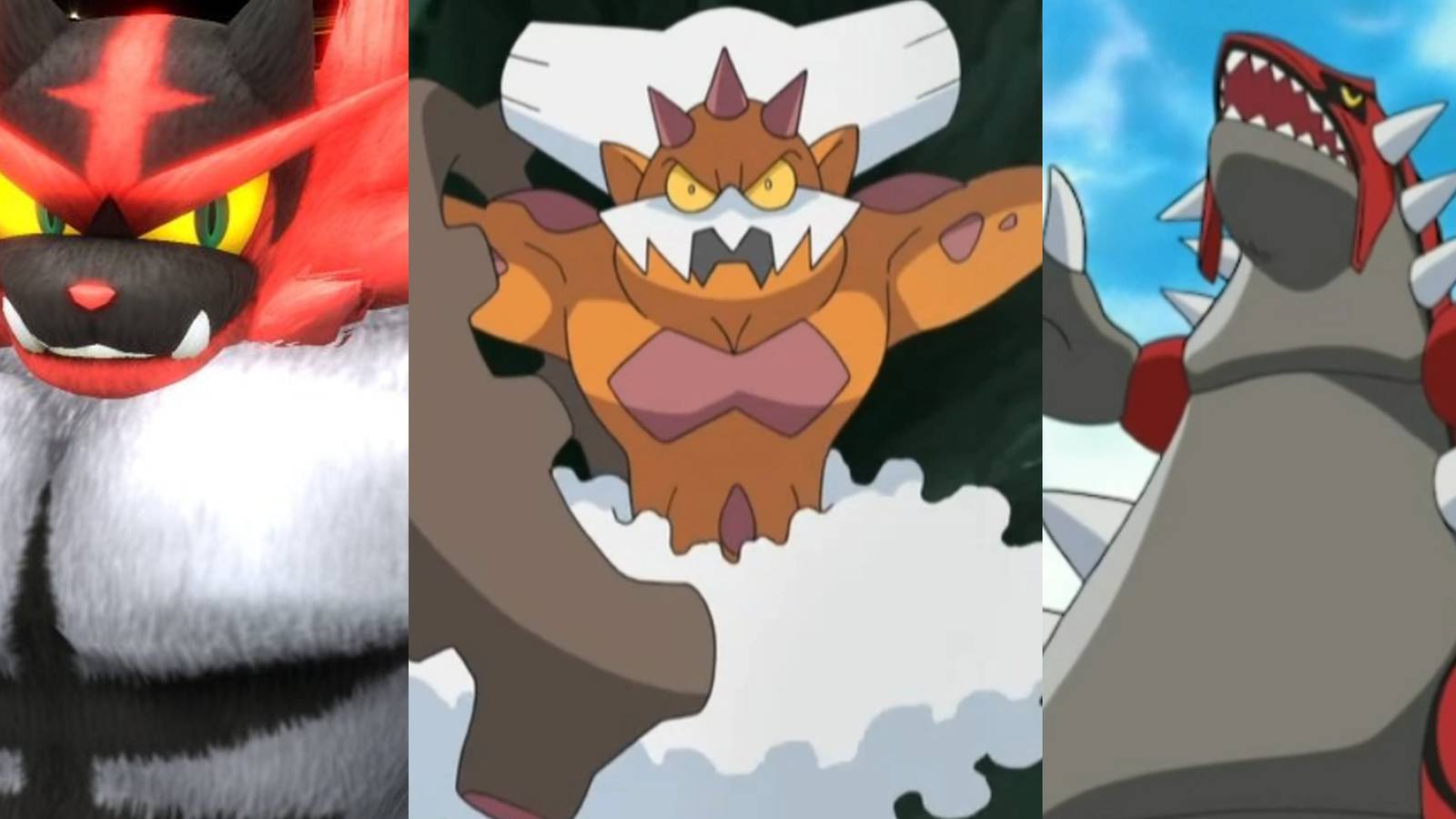 Incineroar in Super Smash Bros Ultimate; Landorus in his base form in the anime; Groudon in the anime