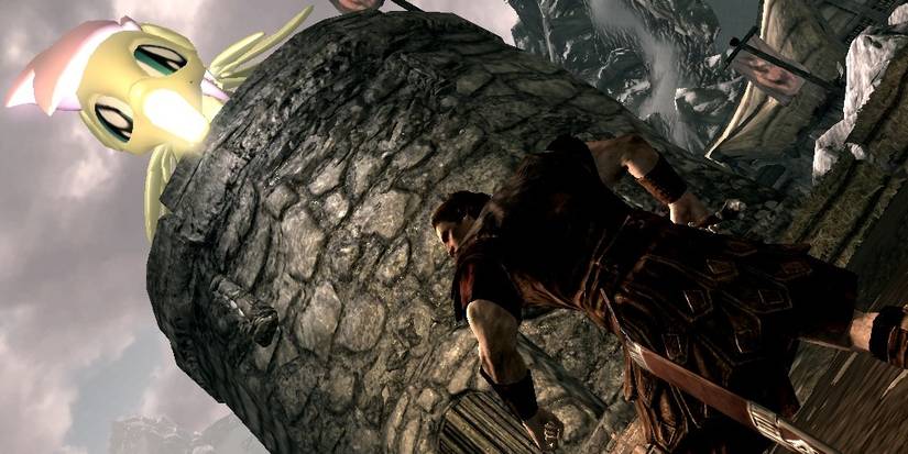 A giant roaring pony (top-left) on top of a tower. The guard (bottom right) does not seem to notice. Image source: Nexus Mods