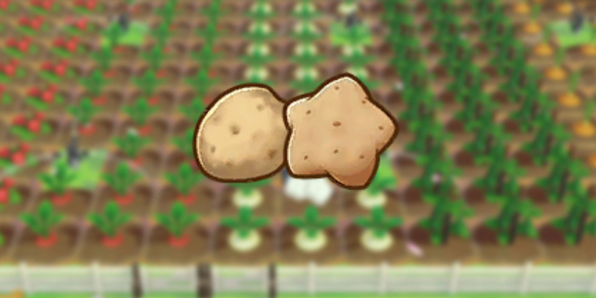 Potato and Star Potato icon as it would be seen in players inventory over blurred background of crops in game