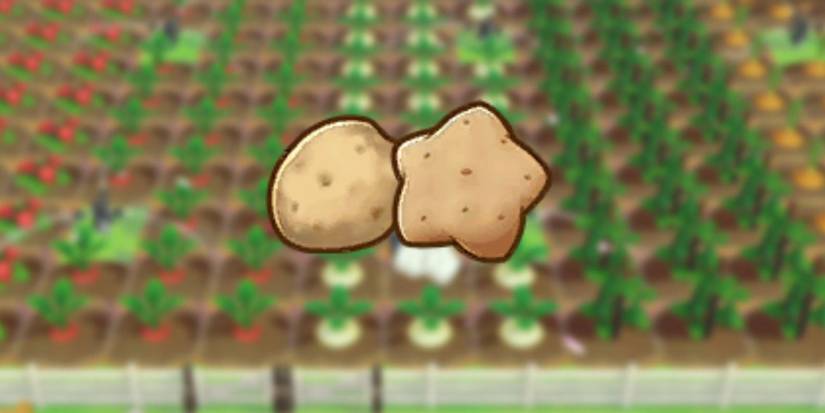 Potato and Star Potato icon as it would be seen in players inventory over blurred background of crops in game