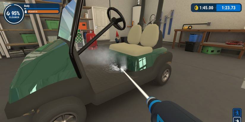 Spraying down a golf cart with a Turbo Nozzle in PowerWash Simulator