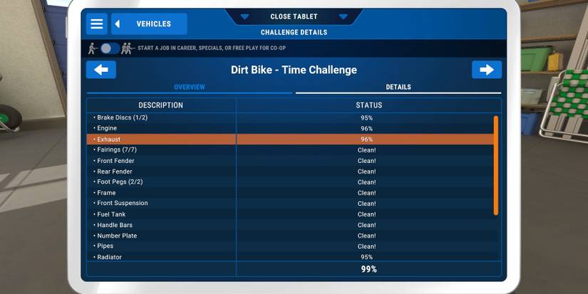 Highlighting "Exhaust 96%" in the PowerWash Simulator menu during the Dirt Bike Time Challenge