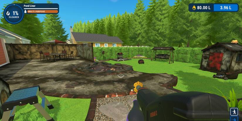 A view of a filthy backyard while a person holds a power washer in PowerWash Simulator
