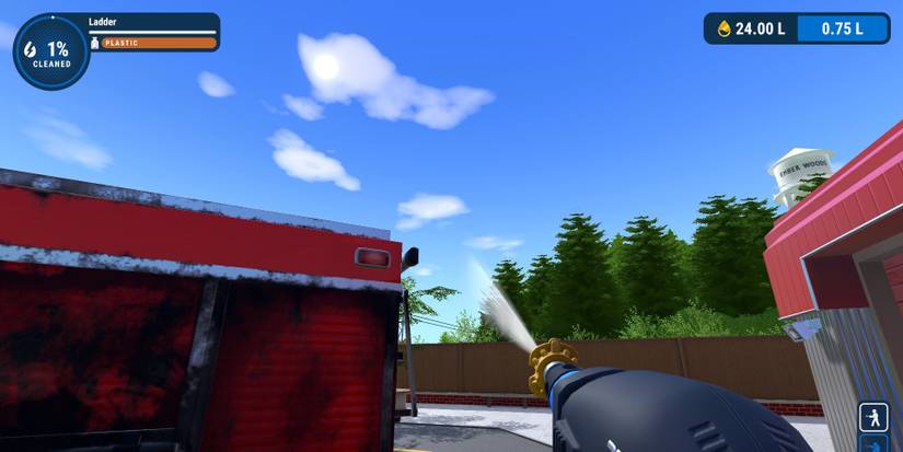Shooting the air with a power washer next to a Fire Truck in PowerWash Simulator