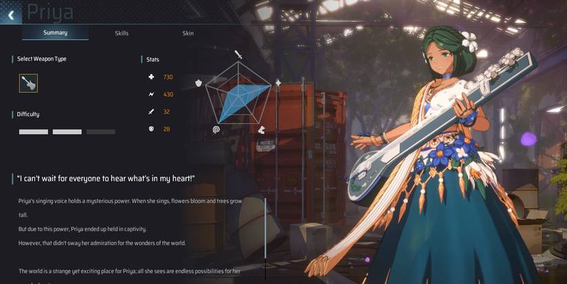 The character menu for Priya in Eternal Return