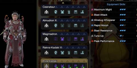 The armor selection screen for the Pyre-Kadaki armor set with a male hunter