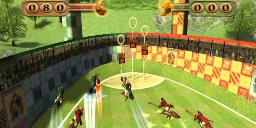 Four characters from Harry Potter: Quidditch World Cup racing towards the hoops