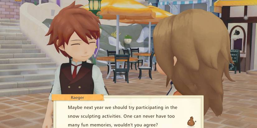 Raeger talking to the player smiling about taking part in the snow sculpting activities in Story of Seasons: Pioneers of Olive Town