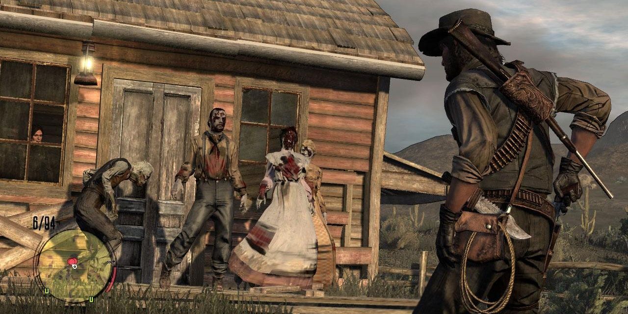 John Marston is about to pull out his revolver to shoot three zombies in front of a house in Red Dead Redemption: Undead Nightmare