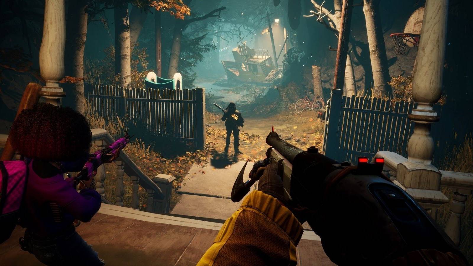 Layla and two other Redfall characters investigating a rural area