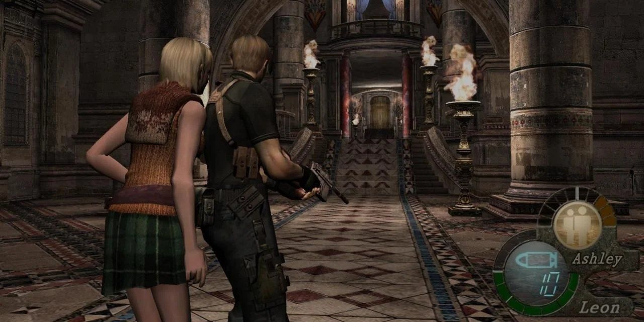 Leon and Ashley standing in the hallway of the castle in Resident Evil 4