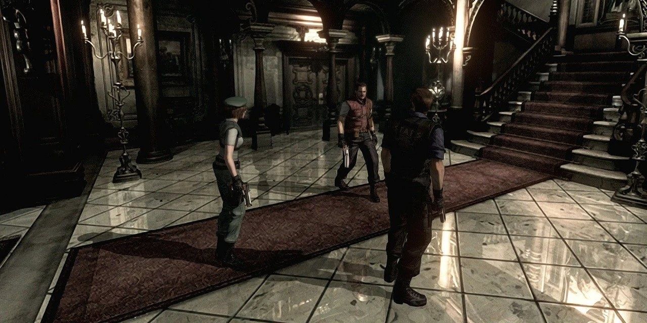 Three people standing in a foyer in Resident Evil