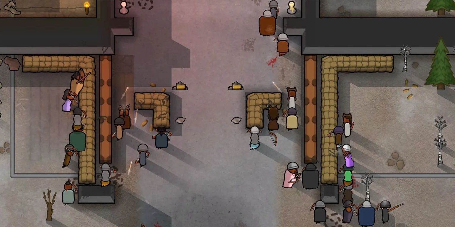 Colonists in RimWorld battling with bows