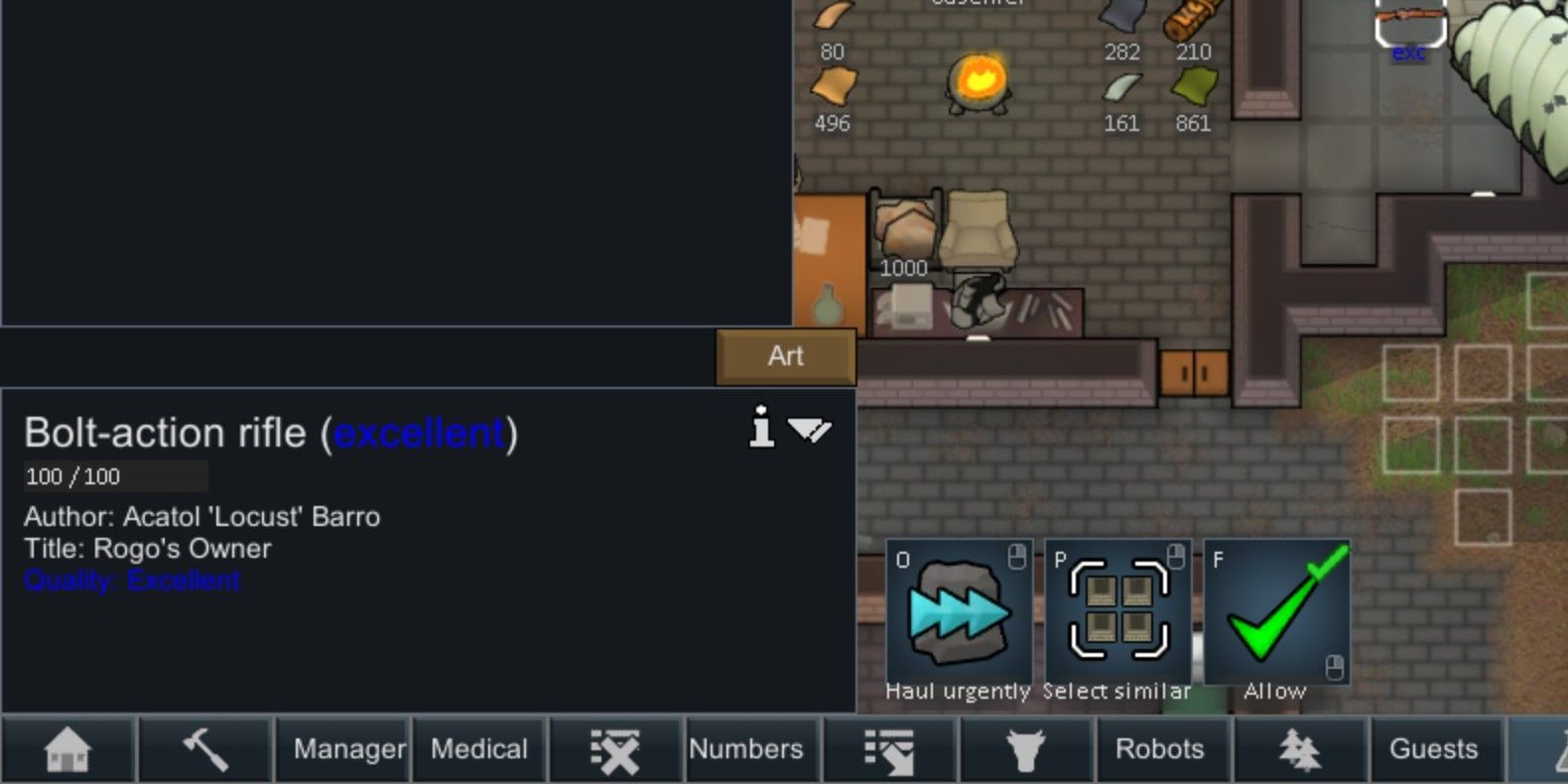 An excellent quality Bolt-action rifle in someones inventory in RimWorld