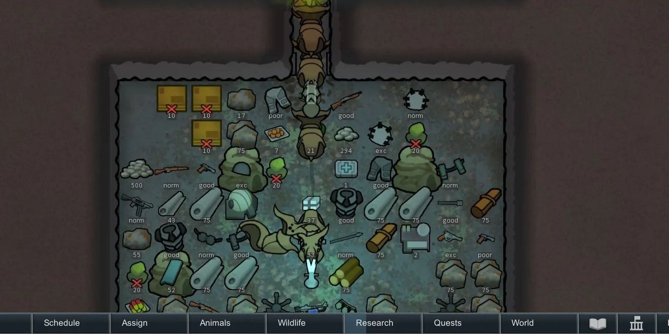 A room in RimWorld filled with a wide variety of weapons and creatures, they look to be advancing down a corridor