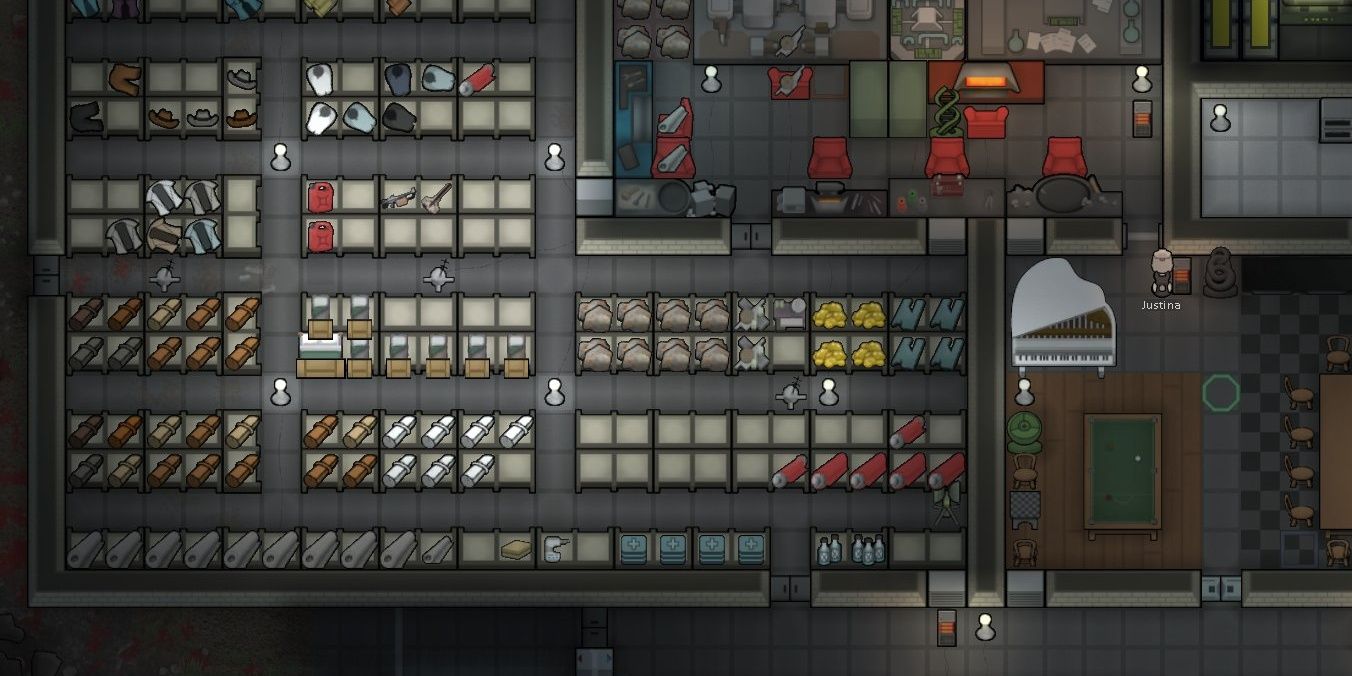A base with a lot of storage showing materials, weapons and armor in RimWorld