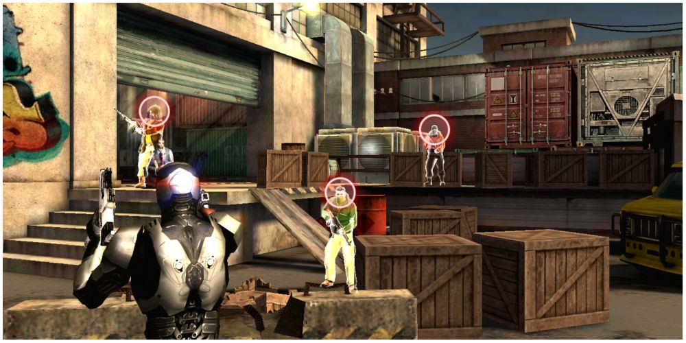 RoboCop shooting at enemies, camera is behind his shoulder