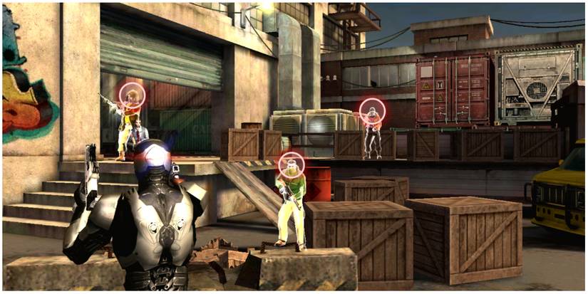 RoboCop shooting at enemies, camera is behind his shoulder