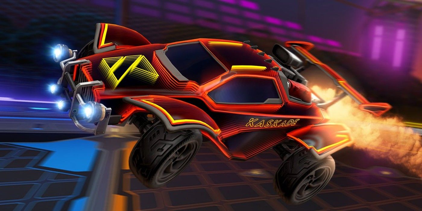 Rocket League Huntress decal neon orange trim car blasting through the air