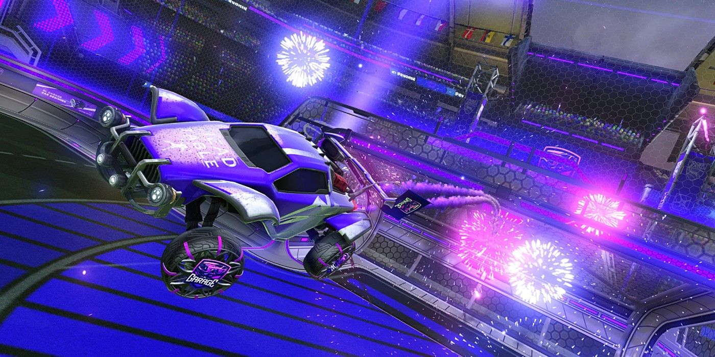 Rocket League Roman Reigns decal car soaring through air with fireworks