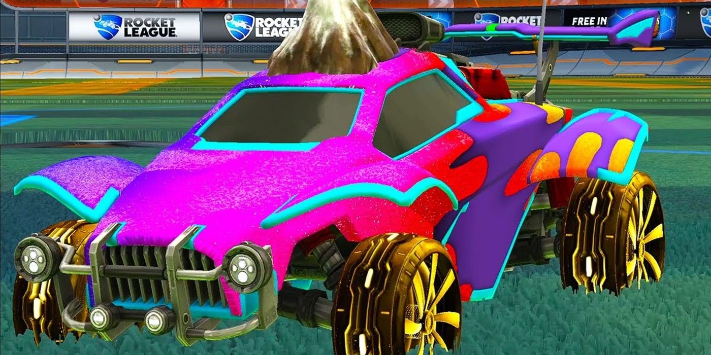 Rocket League Slurpee decal neon purple car with volcano