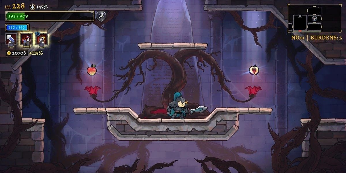 Knight in Blue armor standing on a platform in Rogue Legacy 2