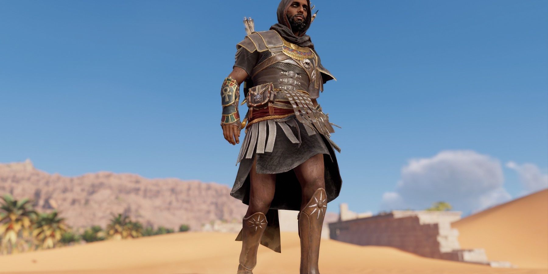 Bayek walking while wearing the Roman Venator outfit