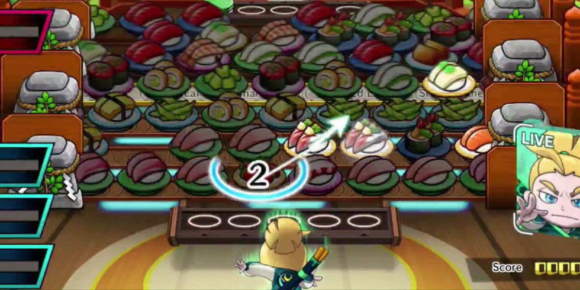 Игрок посреди битвы за суши в Sushi Striker для Switch