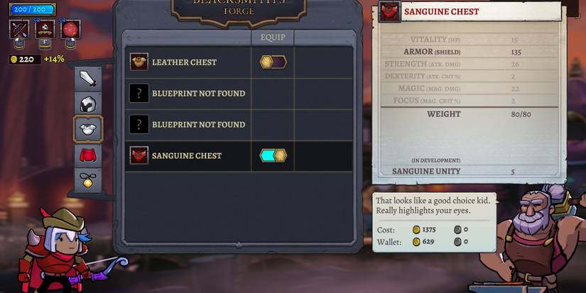 A player purchasing the Sanguine Chest from the blacksmith in Rogue Legacy 2