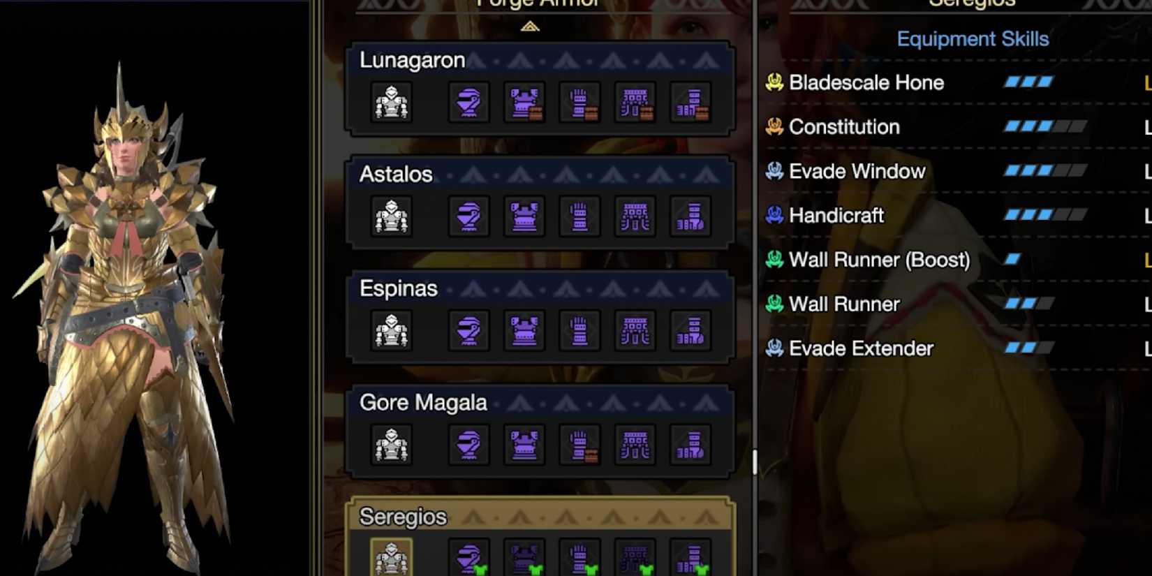 The armory screen for the female Seregios Set