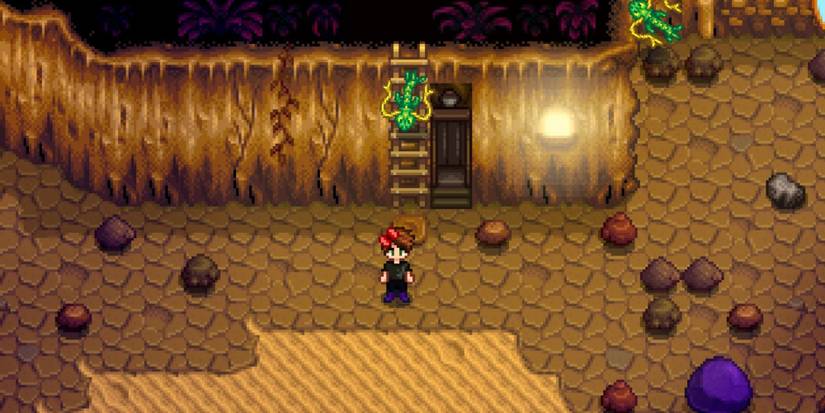 A pair of Serpents approaching the player in Skull Cavern and a giant purple slime in the corner