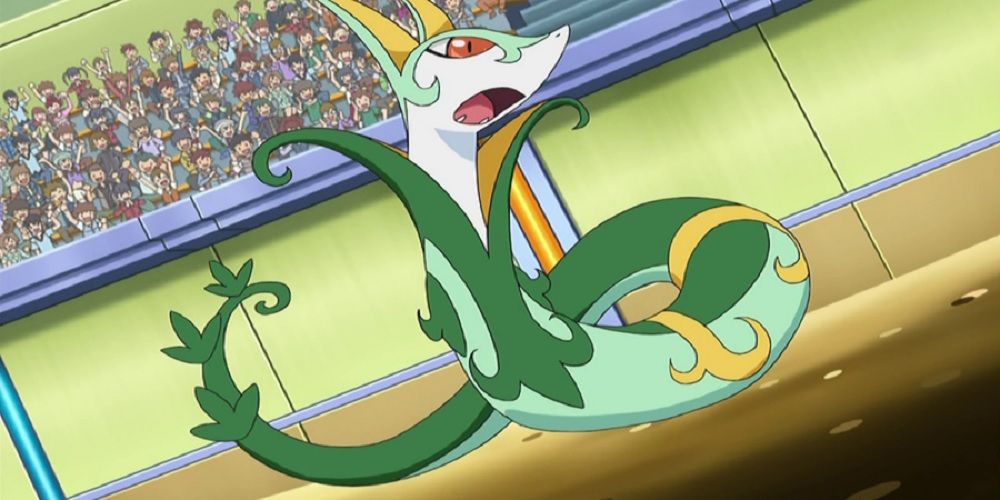 Serperior as it appears in the Pokemon Black and White anime