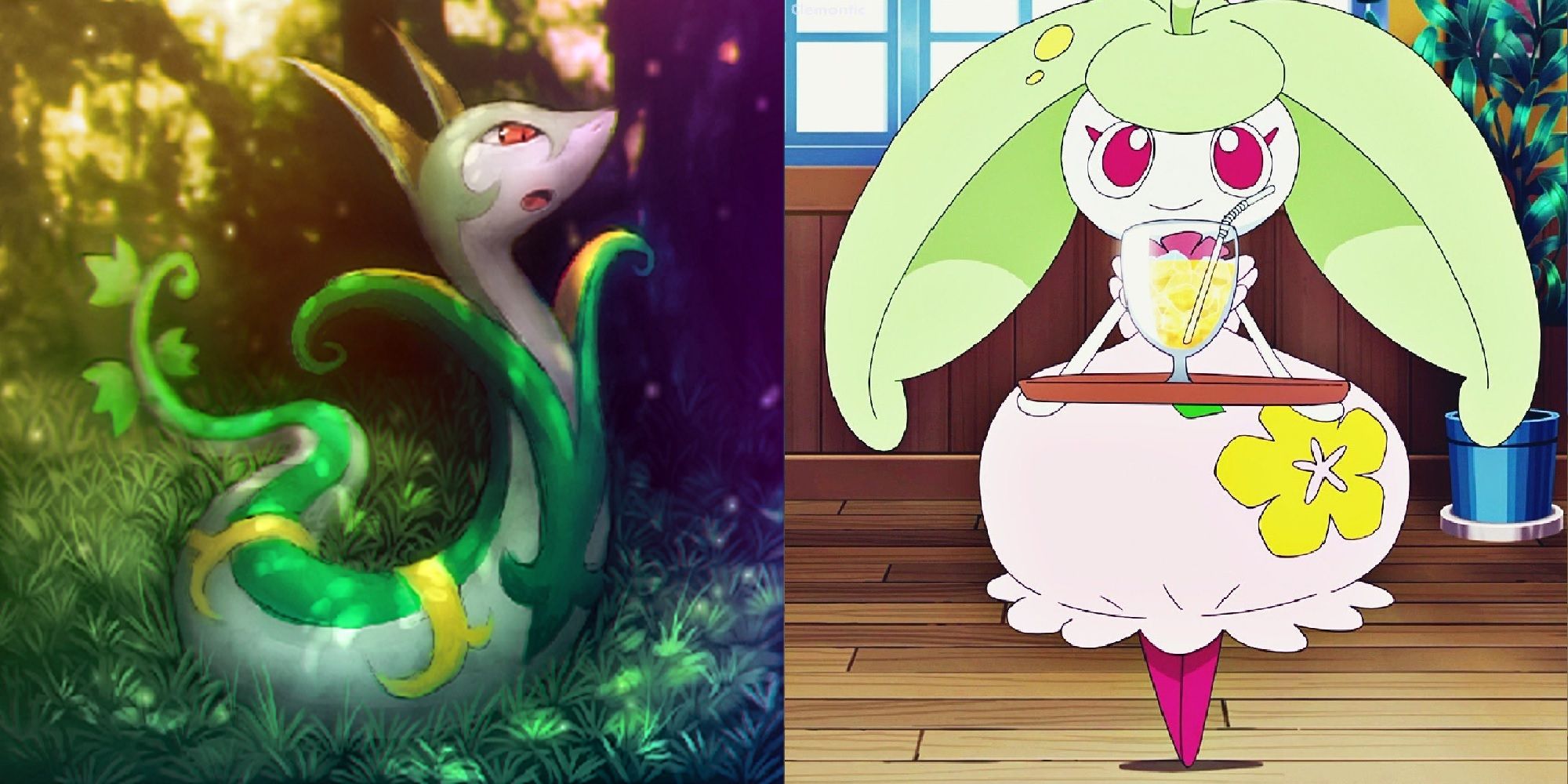 Split image of Serperior artwork and Steenee as it appears in the Pokemon Sun and Moon anime