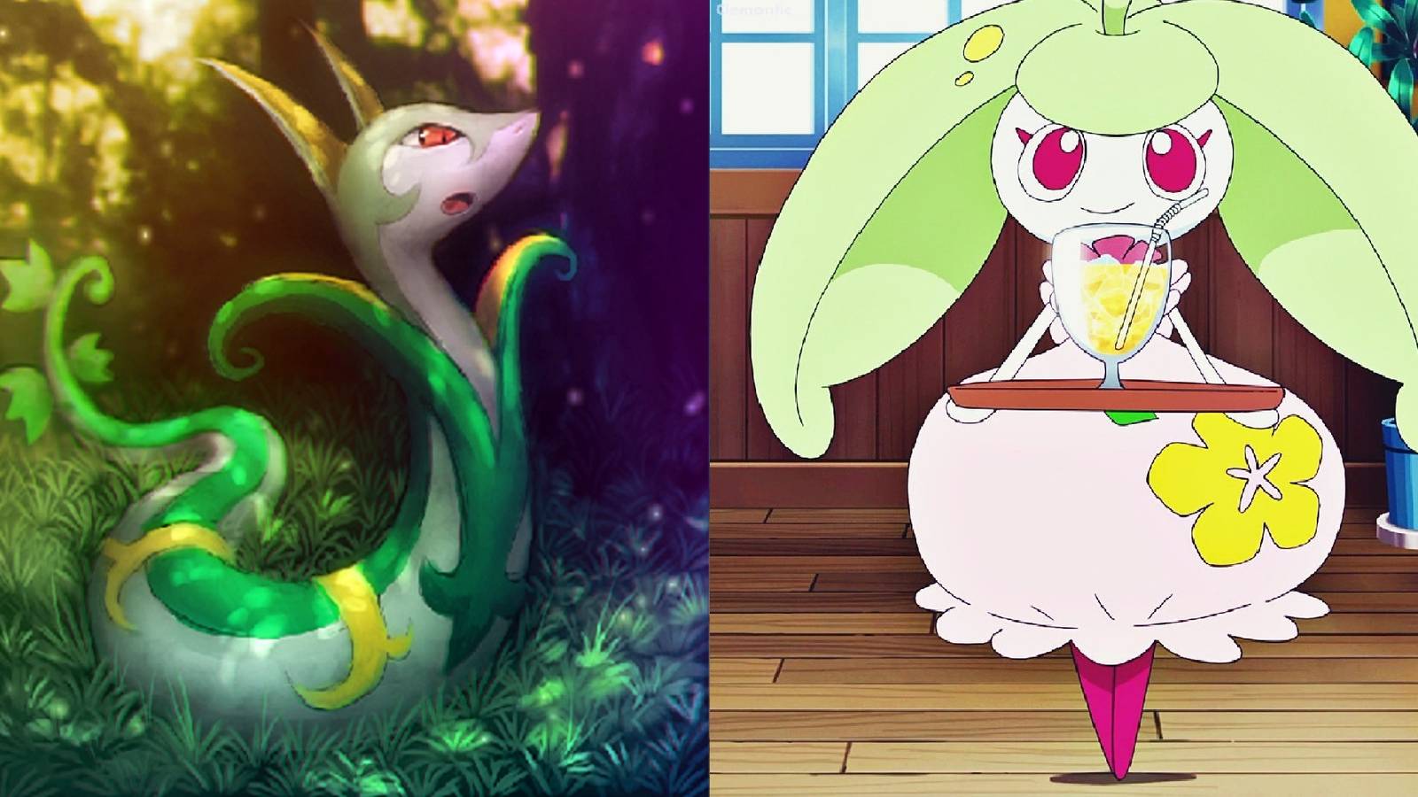 Split image of Serperior artwork and Steenee as it appears in the Pokemon Sun and Moon anime
