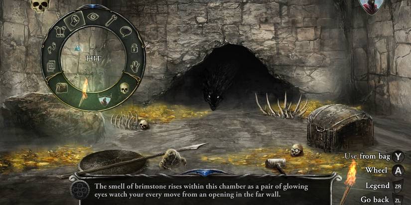 A room in Shadowgate showing a dark shape in the background and human bones on the floor