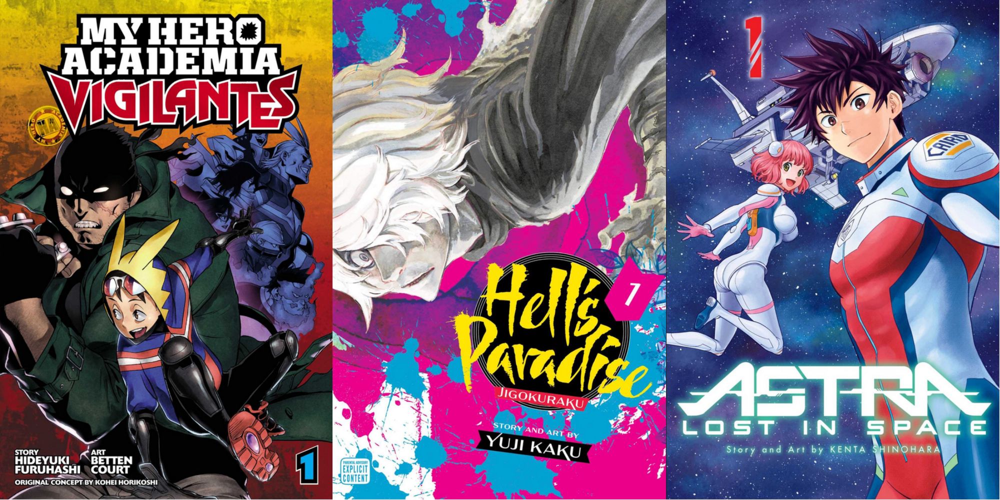 My Hero Academia Vigilantes, Hells Paradise Jigokuraku, Astra Lost in Space covers
