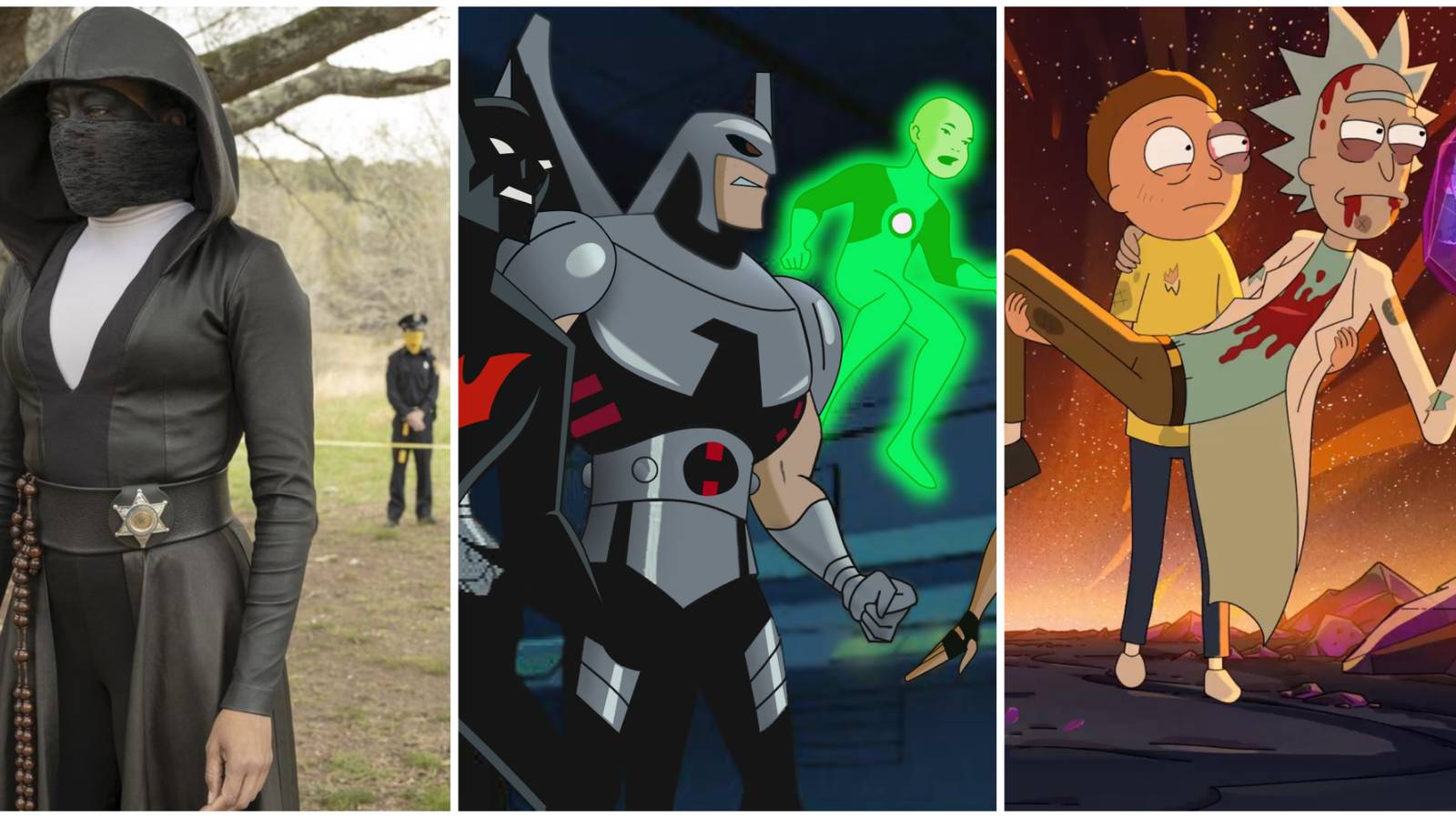 Split image of the Watchmen, Batman Beyond, Rick and Morty