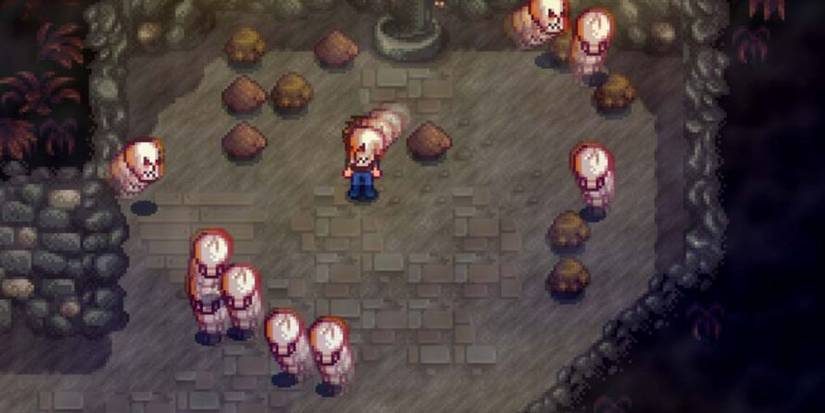 A group of Haunted Skulls swarming the Player at the end of the Quarry Mines