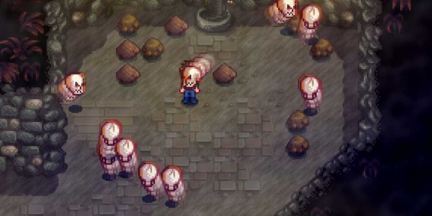 A group of Haunted Skulls swarming the Player at the end of the Quarry Mines