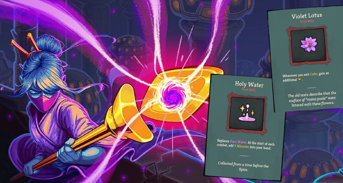 Slay the Spire Watcher with Holy Water and Violet Lotus Relics
