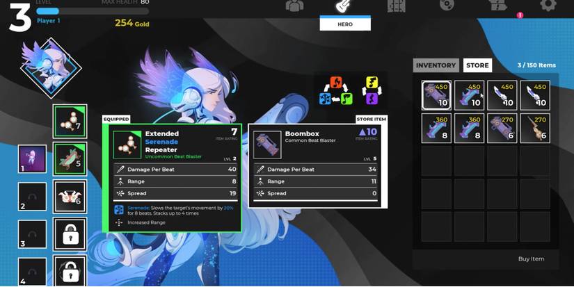 Soundfall - Check out the ratings before buying items - Player equips the Extended Serenade Repeater